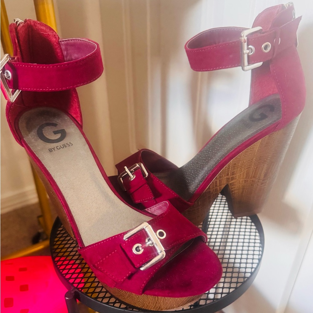 G by Guess Red Platform Sandals with Ankle Strap